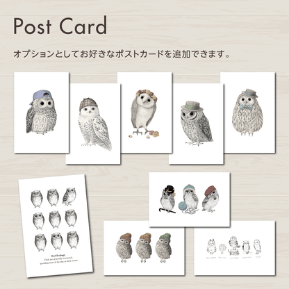 ポストカード追加オプションの案内画像。フクロウのオリジナルポストカードの絵柄一覧と、オプション内容を紹介しています。