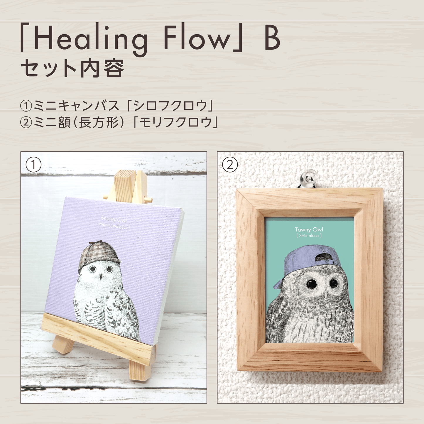 『癒し』のフクロウお守りアート【Healing Flow】　セット内容を紹介する画像。
セットBに含まれるグッズを掲載しています。