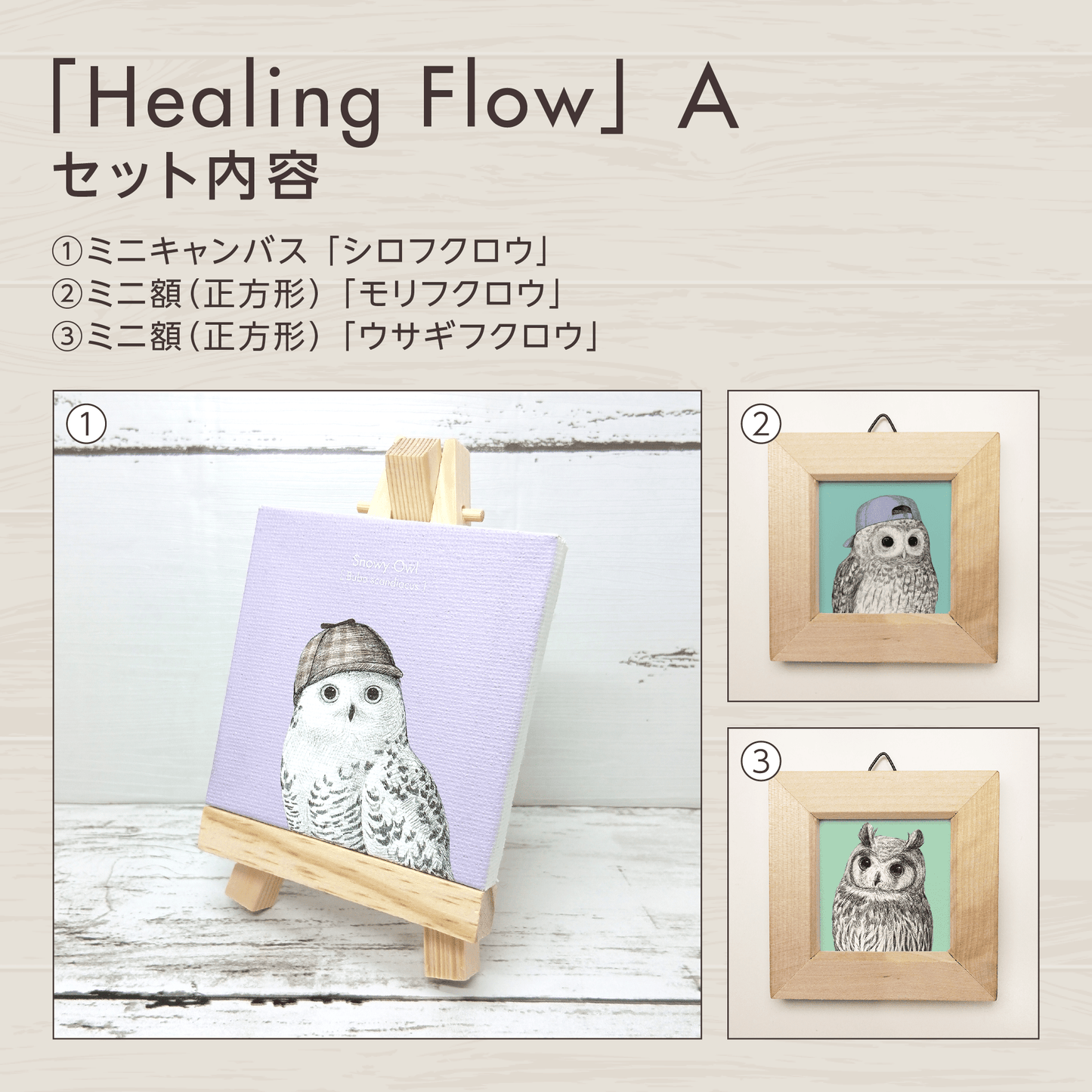 『癒し』のフクロウお守りアート【Healing Flow】　セット内容を紹介する画像。
セットAに含まれるグッズを掲載しています。
