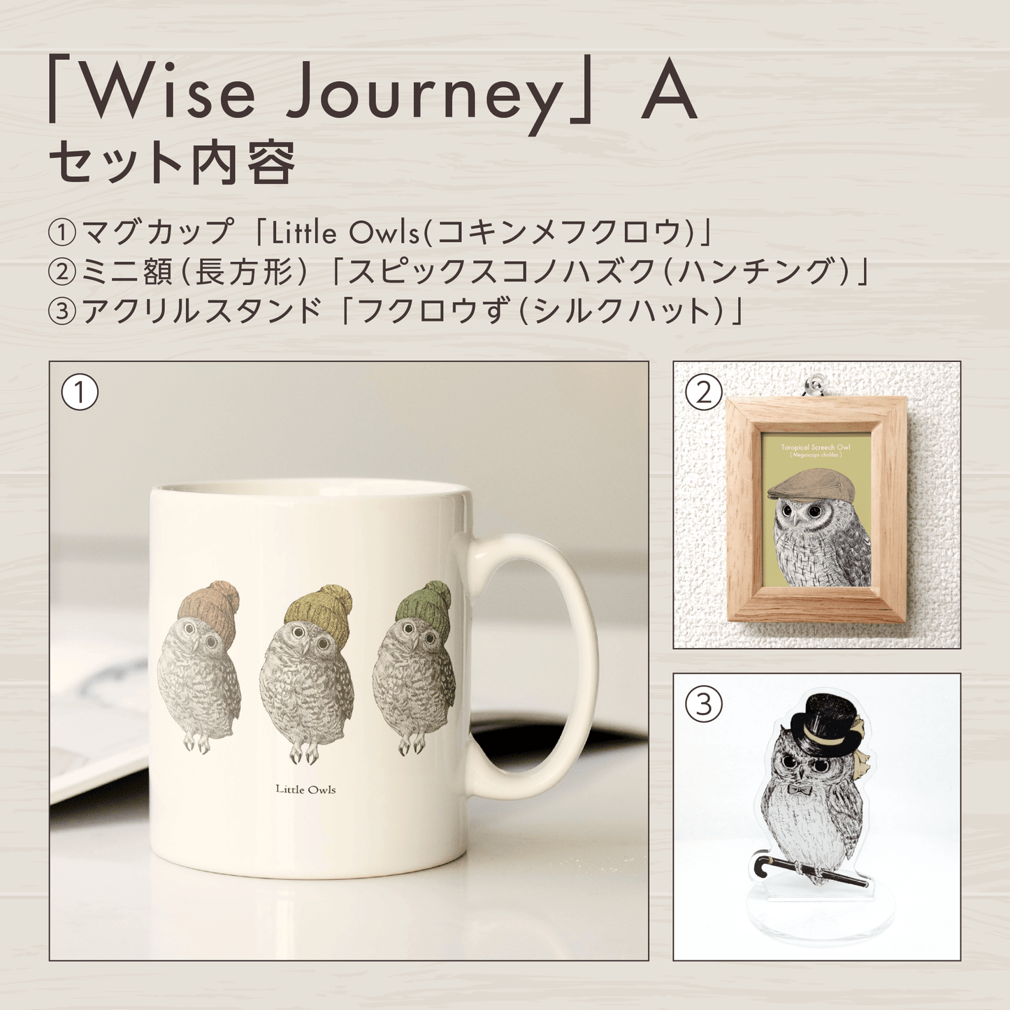 『可能性』のフクロウお守りアート【Wise Journey】　セット内容を紹介する画像。
セットAに含まれるグッズを掲載しています。