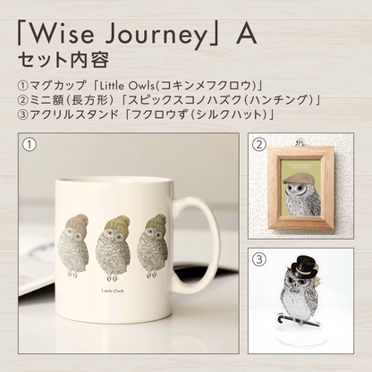 『可能性』のフクロウお守りアート【Wise Journey】　セット内容を紹介する画像。
セットAに含まれるグッズを掲載しています。