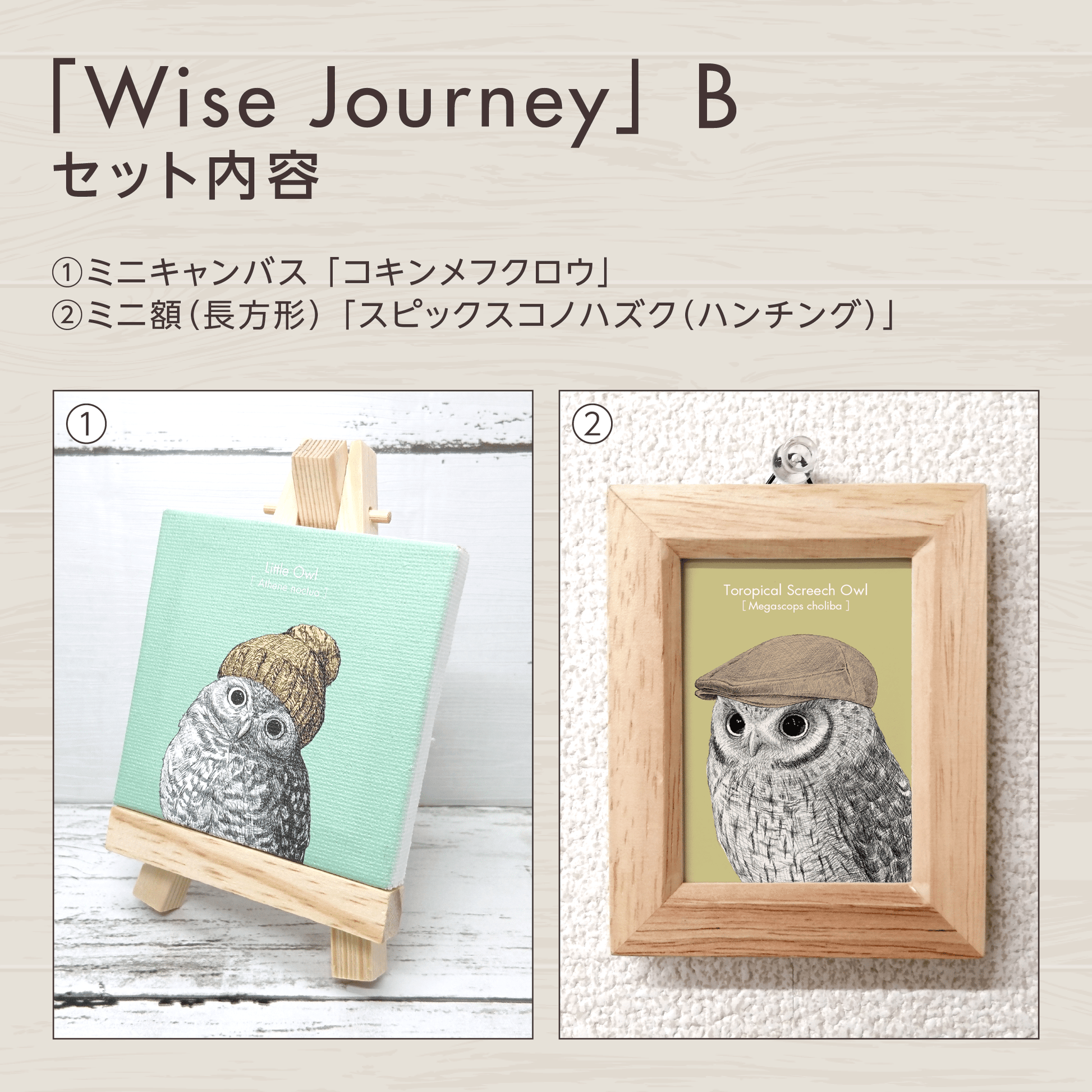 『可能性』のフクロウお守りアート【Wise Journey】　セット内容を紹介する画像。
セットBに含まれるグッズを掲載しています。
