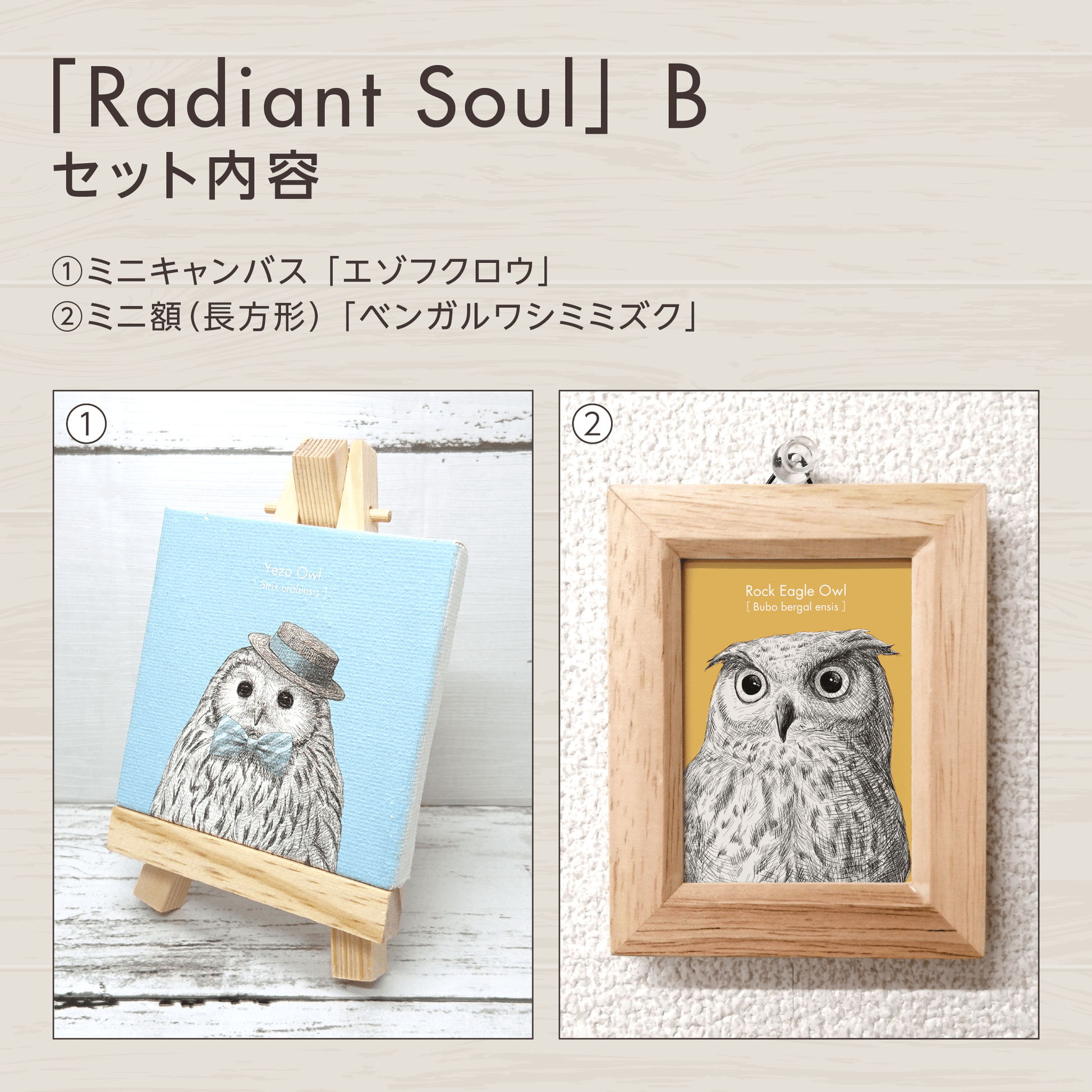 『守護』のお守りアート【Radiant Soul】　セット内容を紹介する画像。
セットBに含まれるグッズを掲載しています。