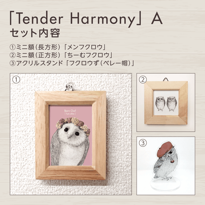 『恋愛』のフクロウお守りアート【Tender Harmony】　セット内容を紹介する画像。
セットAに含まれるグッズを掲載しています。