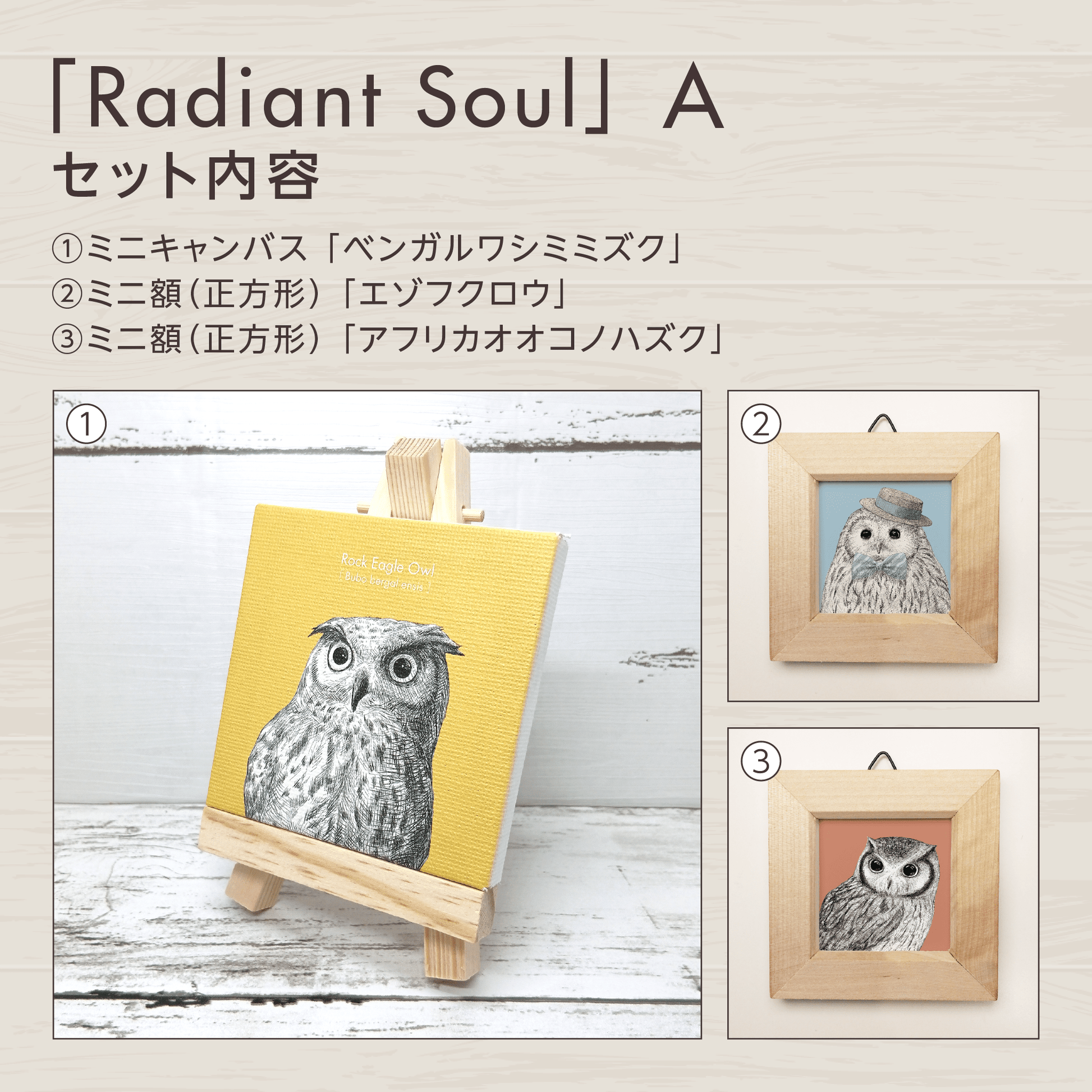 『守護』のお守りアート【Radiant Soul】　セット内容を紹介する画像。
セットAに含まれるグッズを掲載しています。