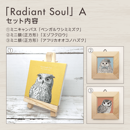 『守護』のお守りアート【Radiant Soul】　セット内容を紹介する画像。
セットAに含まれるグッズを掲載しています。
