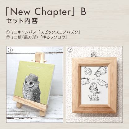 『挑戦』のフクロウお守りアート【New Chapter】　セット内容を紹介する画像。
セットBに含まれるグッズを掲載しています。