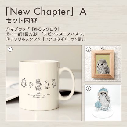『挑戦』のフクロウお守りアート【New Chapter】　セット内容を紹介する画像。
セットAに含まれるグッズを掲載しています。